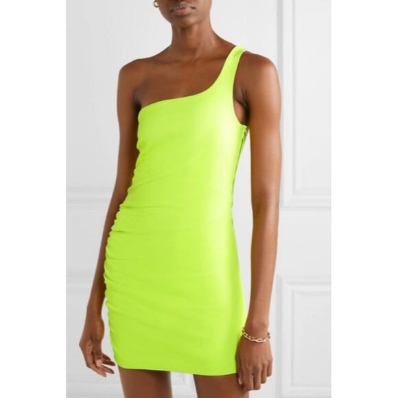 SPRWMN Los Angeles One Shoulder Ruched Neon Leather Mini Dress - Picture 3 of 8